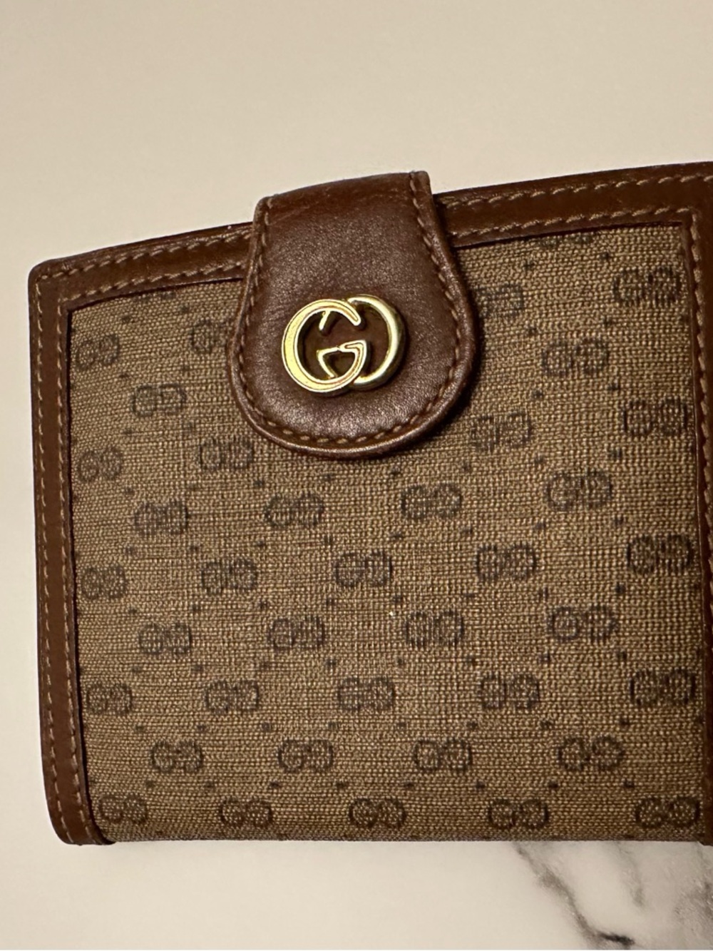 Gucci Brown GG Monogram Bifold Wallet with Gold Logo